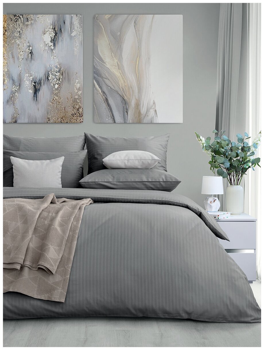 Комплект постельного белья LOVEME Семейный, страйп-сатин, цвет серый (Gray)
