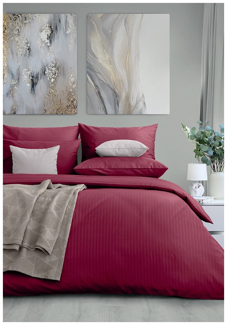 Комплект постельного белья LOVEME 1,5 спальный, страйп-сатин, цвет бордовый (Palermo) - фотография № 1