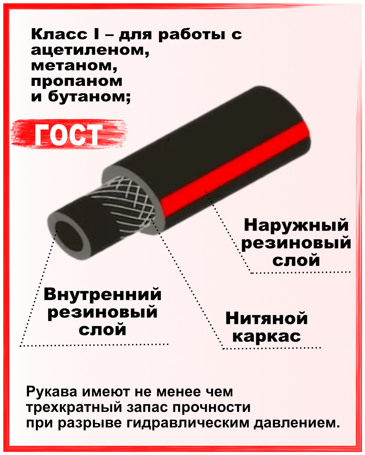 Шланг/рукав газовый пропановый d-9мм 5 метров пропан  ацетилен бутан городской газ ( I класс -9-063МПа ) ВРТ