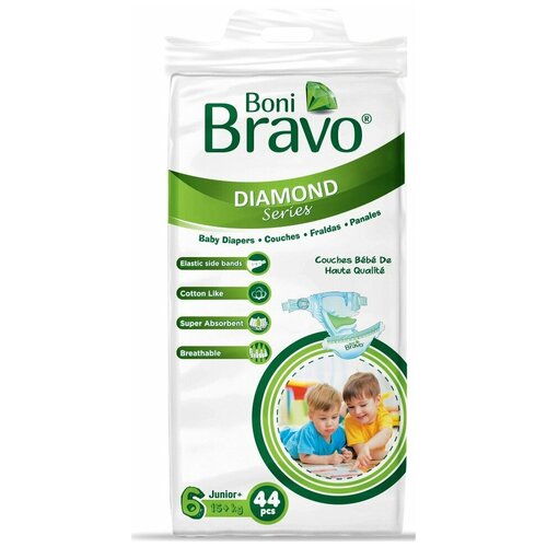 Подгузники памперсы для детей Boni Bravo Diamond 15+ кг, размер 6, XXL, Junior+, 44 шт, ЭКО