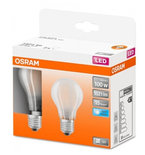 Лампочка светодиодная OSRAM Экопак Груша A E27 10Вт 220В 1521Лм 4000К Дневной белый Филаментная (2шт/уп) упаковка 1шт