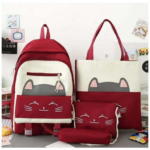 Рюкзак школьный с ушками кота комплект школьный 4 в 1 / Школьный рюкзак, сумка Шоппер для девочек