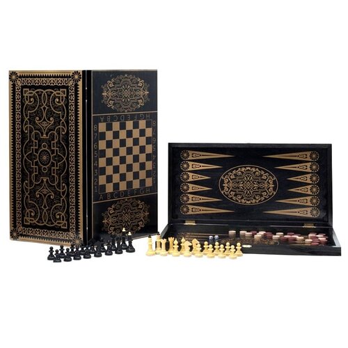 Игра 3в1 большая черная, рисунок золото с обиходными деревянными шахматами Объедовские (нарды, шах