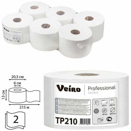 Бумага туалетная 215 м, VEIRO (Система T8), комплект 6 шт, с центральной вытяжкой, Comfort, 2-слойная, TP210