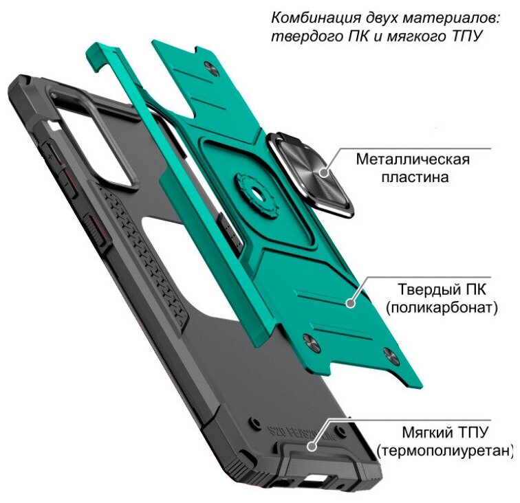 Противоударный чехол для Xiaomi Poco M3 Pro зеленый с пластиной для магнитного автодержателя и кольцом
