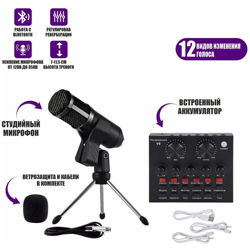 Звуковая карта микшер V8-B с черным микрофоном BM-800 на настольной треноге и держателем прищепкой в коробке 242300₽