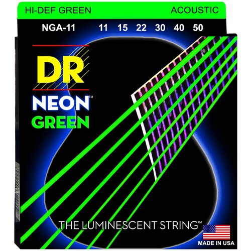 DR NGA-11 HI-DEF NEON™ струны для акустической гитары, с люминесцентным покрытием, зелёные 11 - 50 dr nob 50 hi def neon струны для 4 струнной бас гитары с люминесцентным покрытием оранжевые 50