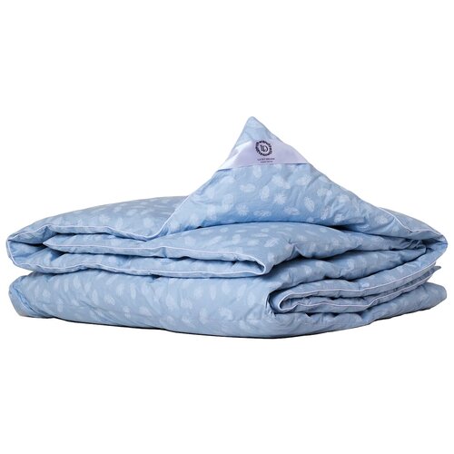 Теплое зимнее утяжеленное одеяло пуховое перовое 140х205 полутороспальное для сна, для головы, наперник из тика 100% хлопок, голубое, 