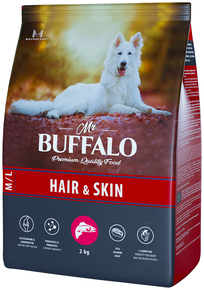 Mr.Buffalo Hair & Skin сухой корм для взрослых собак всех пород Лосось, 2 кг.