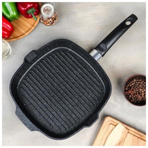 фото Сковорода-гриль kukmara квадратная, 28*28 см, съемная ручка, антипригарное покрытие, темный мрамор