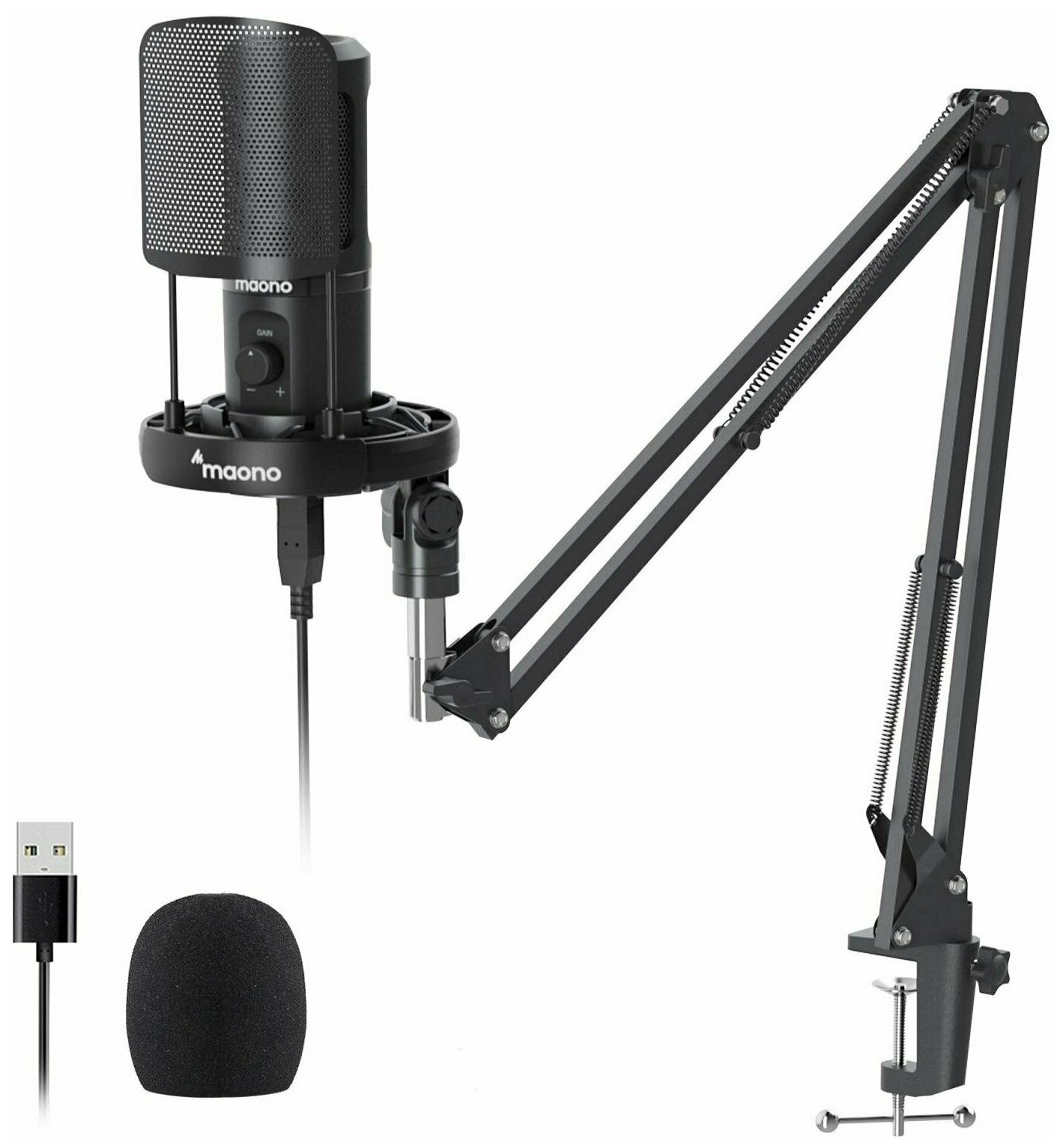 Конденсаторный проводной USB микрофон для компьютера Maono AU-PM461S Podcasting Microphone Kit (USB кабель, поп фильтр в комплекте, пантограф, Black) для подкастов, стримов, конференций