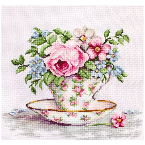 набор для вышивания цветы в чайной чашке 27x22 см luca s Набор для вышивания крестом Luca-S Цветы в чайной чашке, 27х22 см, арт. B2321