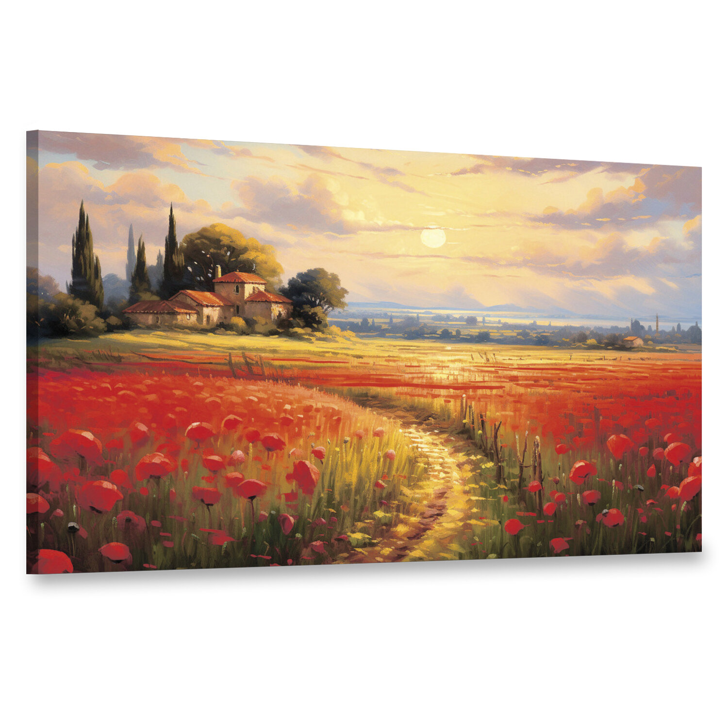 Интерьерная картина 100х60 "Пейзаж с солнцем, лугом и цветущими маками"