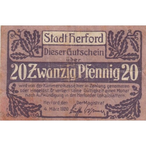 германия веймарская республика кемпен 20 пфеннигов 1920 г 1 Германия (Веймарская Республика) Херфорд 20 пфеннигов 1920 г. (2)