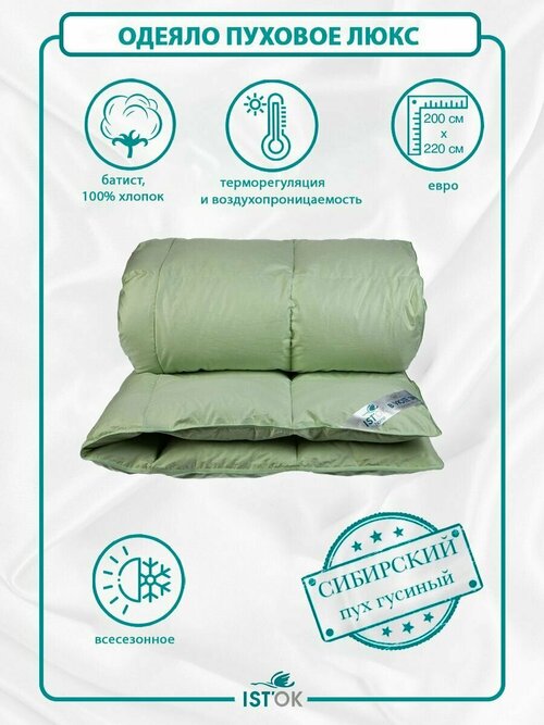 Одеяло ISTOK люкс 200 х 220 Зеленый с наполнителем Гусиный пух (Облегченное)