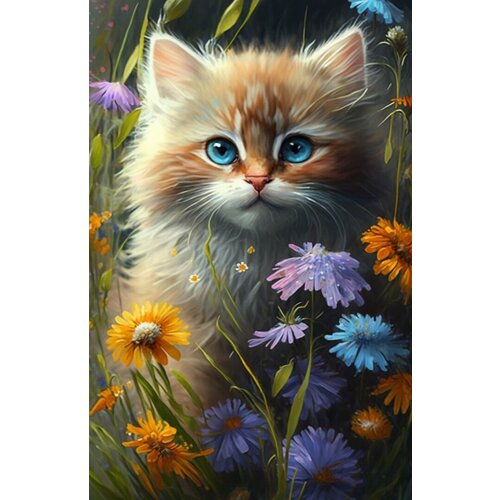 Алмазная мозаика 30х40 см на подрамнике Котенок в цветах. Алмазная живопись. Картина стразами
