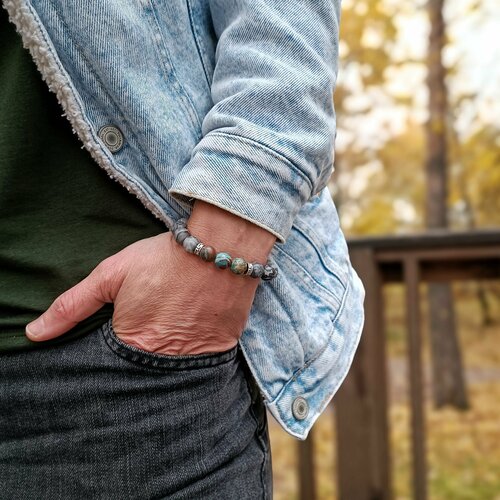 Браслет, гематит, серый, голубой