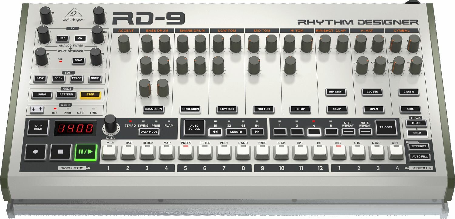 Behringer RD-9 аналоговая драм-машина, 10 оригинальных ударных, 64-шаговый степ-секвенсор, Wave Designer, Dual-Mode Filter