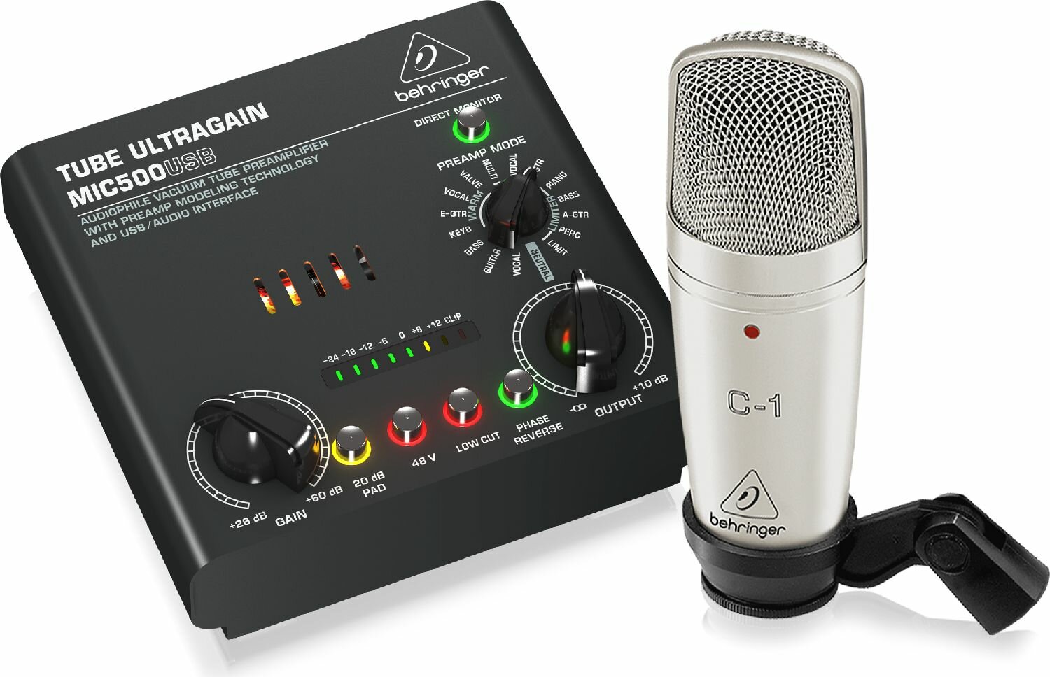 BEHRINGER VOICE STUDIO студийный комплект, состоящий из лампового микрофонного предусилителя/аудиоинтерфейса MIC500USB и конденс