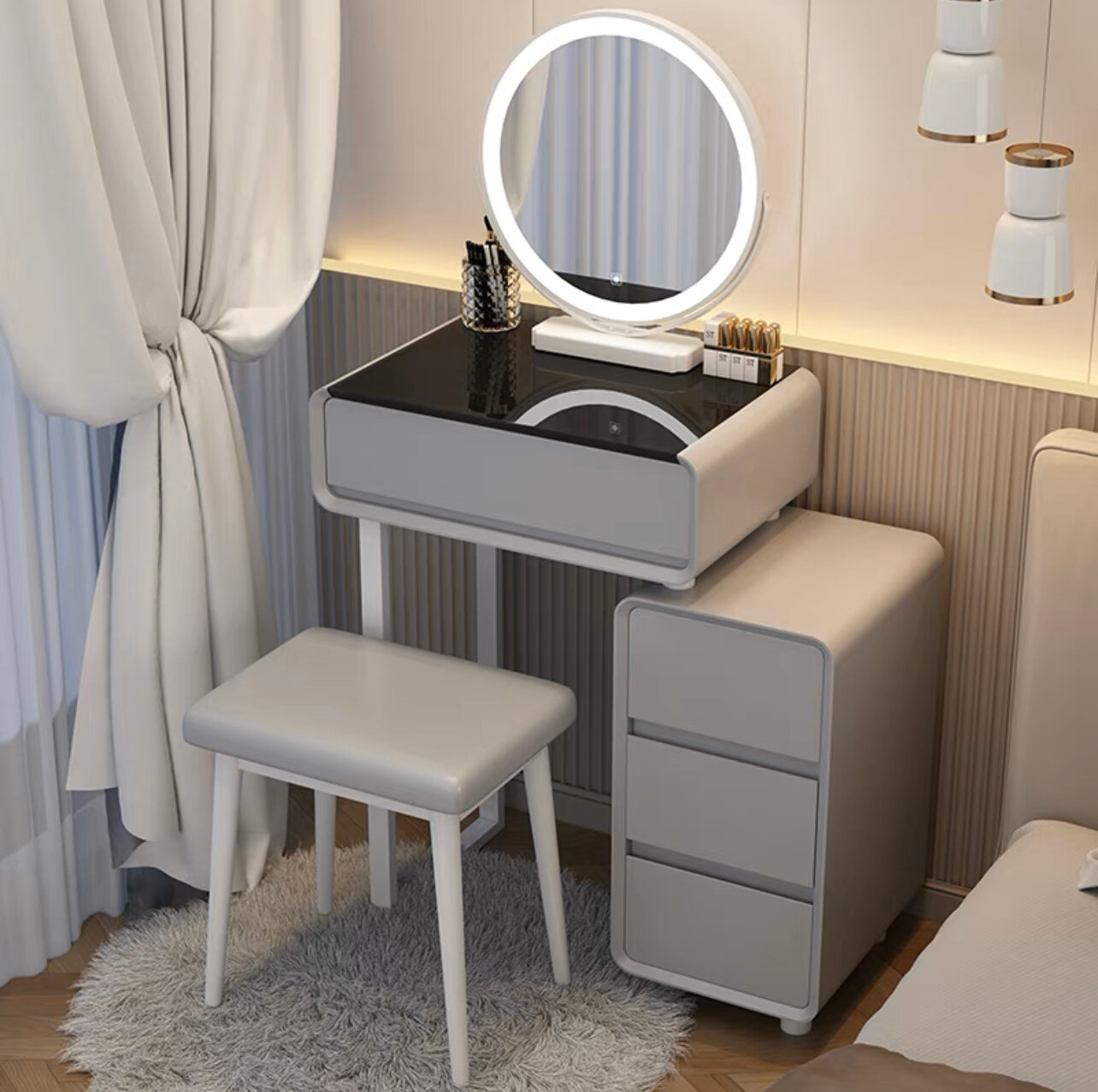 фото Туалетный столик Leah (Комплект белый стол 50 см / белое зеркало / форма зеркала на выбор / столешница керамика / стул)