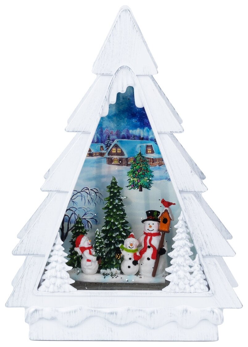 Новогодний сувенир- "Белая ёлка с семьёй снеговиков у скворечника", музыкальный LED, 2 режима, USB, 3*АА, 20*28 см
