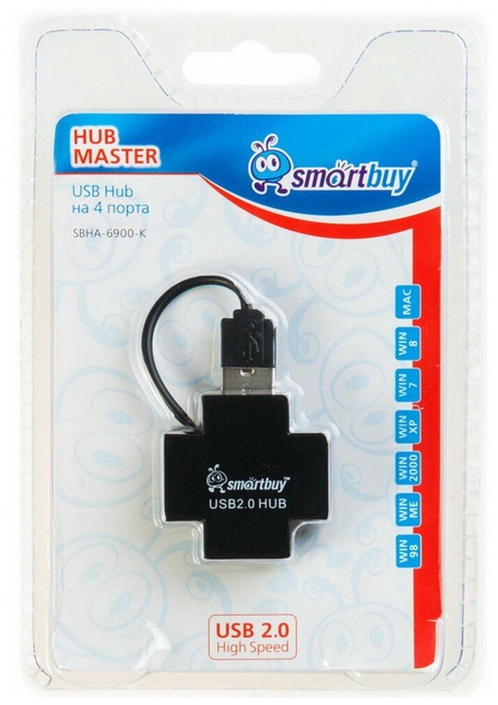 USB 2.0 Хаб Smartbuy 6900, 4 порта, (SBHA-6900-K), черный