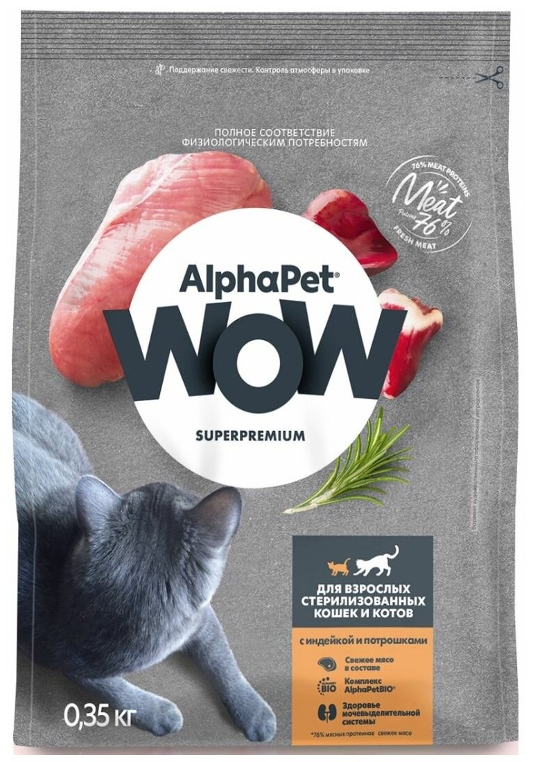 AlphaPet WOW Superpremium сухой полнорационный корм для взрослых стерилизованных кошек и котов с индейкой и потрошками - 1,5 кг - фотография № 19