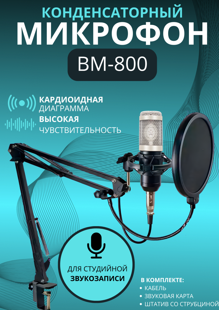 Конденсаторный студийный микрофон BM 800 с подставкой, черный с серебром