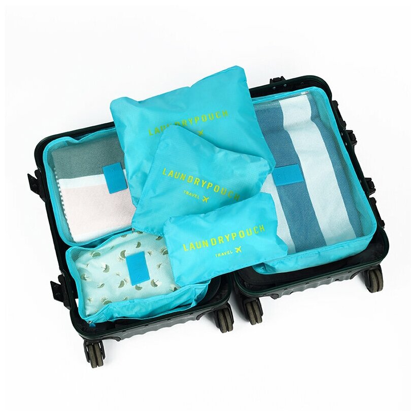 Дорожный органайзер для чемодана 6 штук LAUNDRY POUCH; органайзер дорожный для путешествий 6 штук; набор из 6 органайзеров для путешествий, голубой - фотография № 11