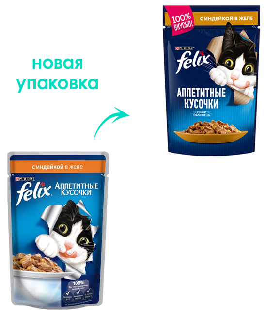 Влажный корм для кошек Felix Аппетитные кусочки, с индейкой 85 г (кусочки в желе) - фотография № 5