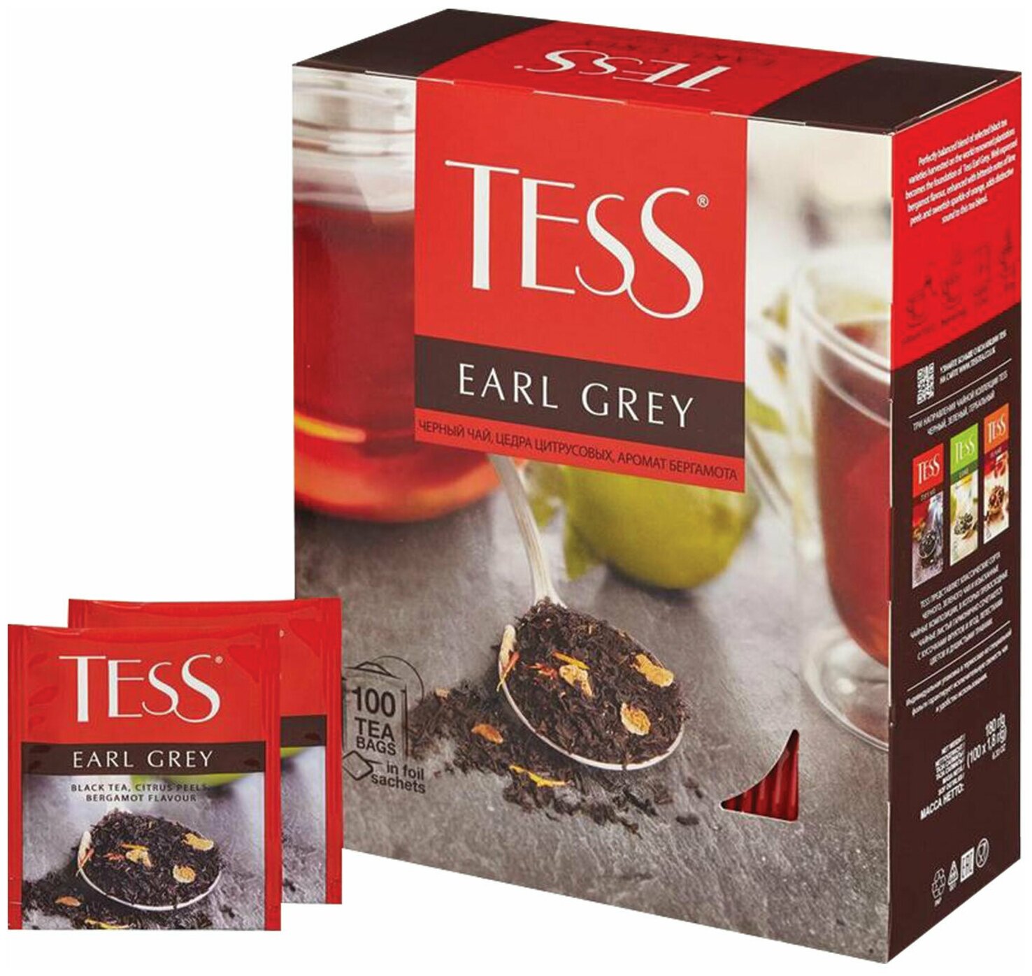 Чай TESS "Earl Grey" черный с бергамотом с цедрой лимона, 100 пакетиков в конвертах по 1,8 г, 1251-09 В комплекте: 1шт.