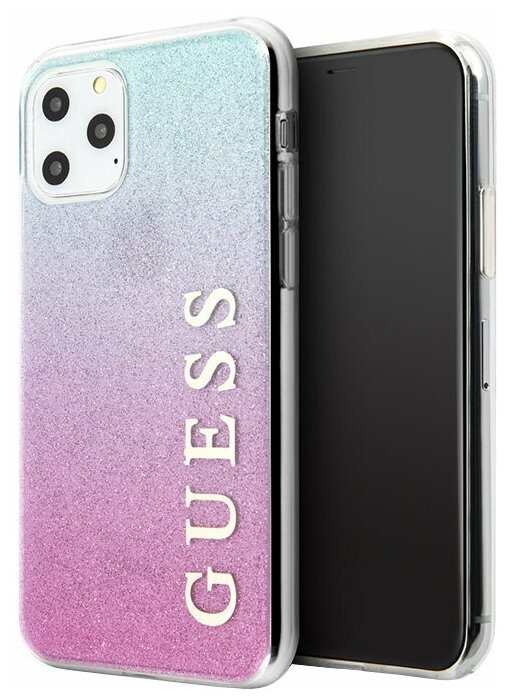 Чехол Guess Glitter Logo Hard Gradient для iPhone 11 Pro, розовый/голубой