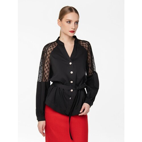 фото Блуза lo, нарядный стиль, трапеция силуэт, длинный рукав, пояс/ремень, размер 46, черный