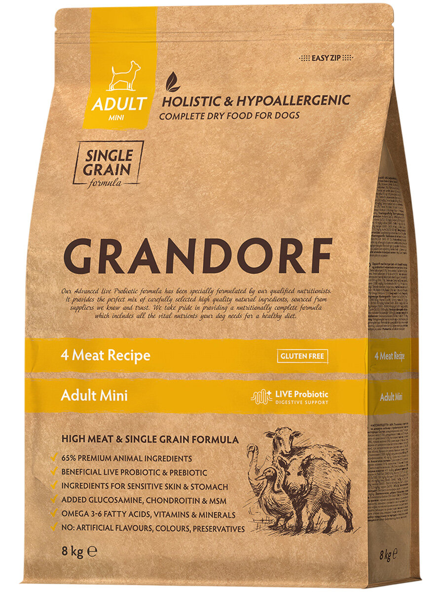 GRANDORF SINGLE GRAIN DOG ADULT MINI 4 MEAT RECIPE низкозерновой для взрослых собак маленьких пород 4 вида мяса с ягненком, индейкой, уткой и кабаном (8 кг)