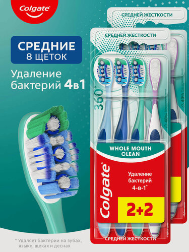 Изображение товара Зубная щетка COLGATE 360 суперчистота, средняя 2+2, (2 упаковки)