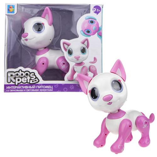 1 toy 1TOY игрушка интерактивная Robo Pets Робо- котёнок бел-розовый, свет, звук эффекты, 3* ААА бат ( не входят), коробка с окном 24,5*23*11 см