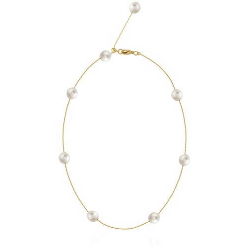 Женское золотистое колье на шею с натуральным речным барочным жемчугом