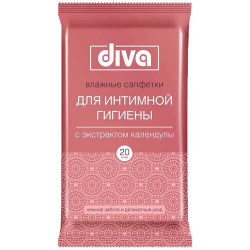 Влажные салфетки Diva intimate, для интимной гигиены, С экстрактом календулы, 20 шт. diva intimate 20 влажные салфетки для интимной гигиены c экстрактом ромашки 15 уп в наборе