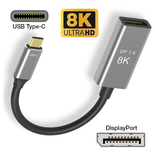 Адаптер-переходник USB Type-C (thunderbolt 3) to DisplayPort 1.4 8K, 5K, 4K, 144 Hz, 120 Hz, 60 Hz pro hdmi кабель usb type c thunderbolt 3 1 на displayport 1 4 дисплей порт 8k 4k 2 метра