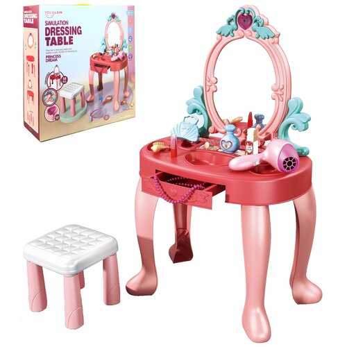 Детское трюмо для девочки, 74х57х41 см, игровой набор туалетный столик со стульчиком, детское трюмо с зеркалом для девочки, свет, звук, 28 предметов
