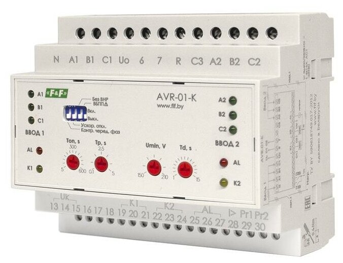 Устройство управления резервным питанием AVR-01-K (2 ввода; 1 нагрузка 35мм 3х400В+N 2х16А 2P IP20 монтаж на DIN-рейке) F&F EA04.006.001