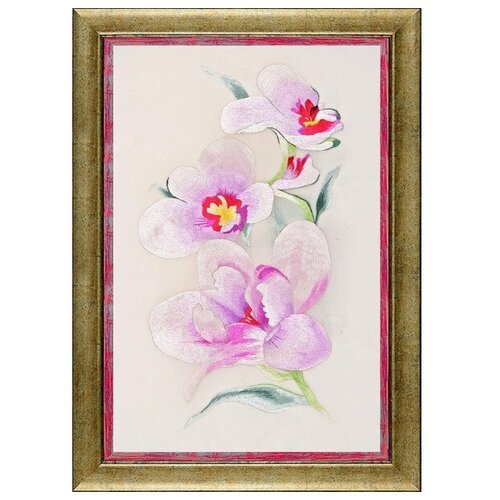 Картина вышитая Ветка нежной орхидеи ручной работы /см 55х45х3/в багете