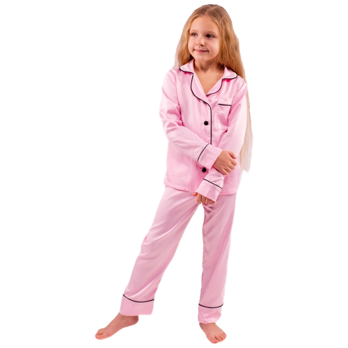 Пижама детская домашняя для девочки (искусственный шёлк), комплект брюки и рубашка, цвет розовый, Размер 122