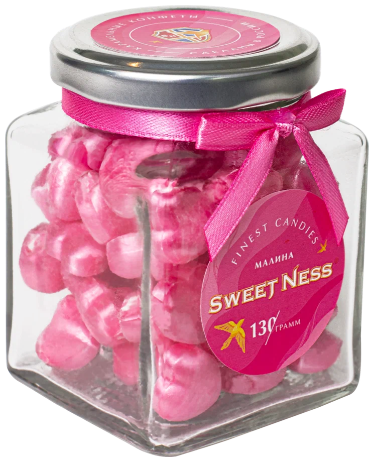 Карамельные сердечки со вкусом малины в стеклянной банке, Sweet Ness 130 гр 1 шт - фотография № 1