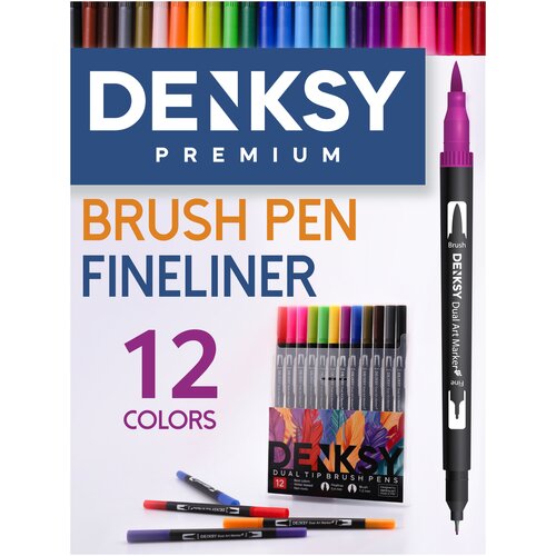 Маркеры DENKSY для скетчинга, 12 цветов, двусторонние (кисть 1-2 мм, линер 0,4 мм), корпус черный