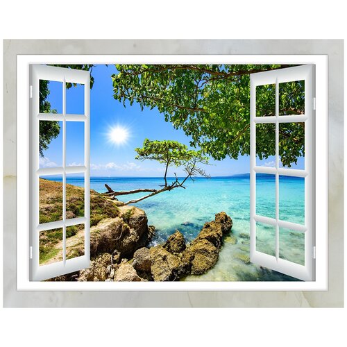 Флизелиновые фотообои Уютная стена Вид из окна на море 340х270 см с текстурой Песок