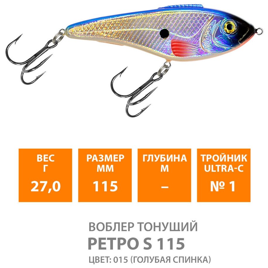 Воблер для рыбалки тонущий AQUA Ретро 115mm 27g цвет 015