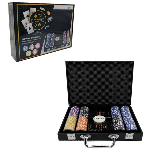 Фабрика Покера: Набор из 200 фишек для покера с номиналом в кожаном кейсе набор для покера фабрика покера в чёрном кейсе 500 фишек с номиналом