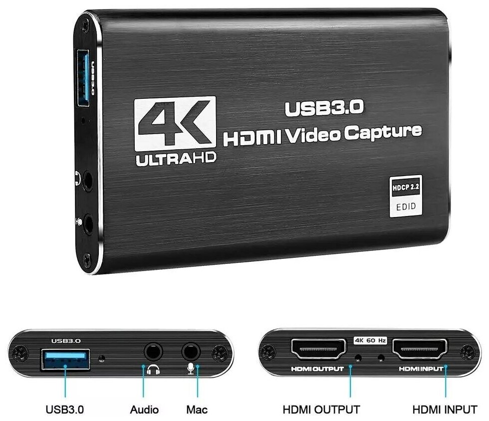 Карта захвата HDMI USB 3.0 1080P 60 fps Черный