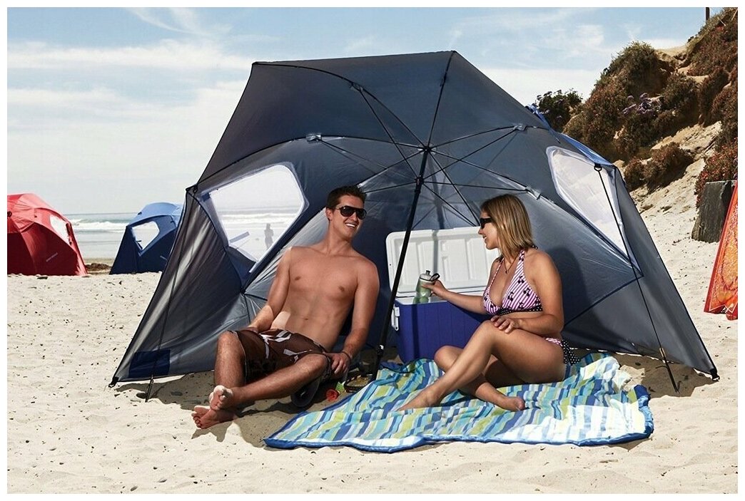 Большой пляжный зонт от солнца с окошками и карманами LUXLINE зонт для рыбалки зонт палатка складной пляжный зонт синий - фотография № 2